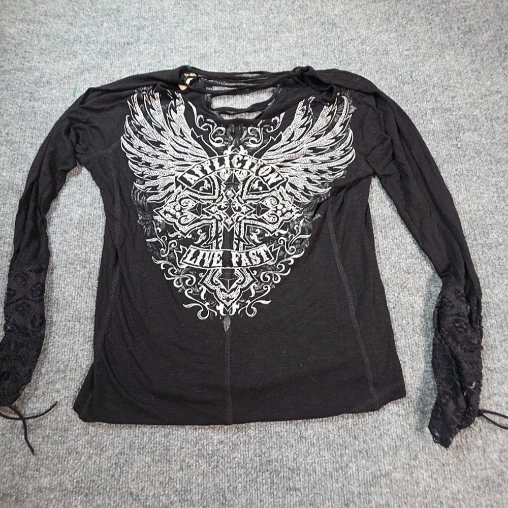 Affliction Shirt Womens Large Black Live Fast Wings Graphic Lace Sleeve Top